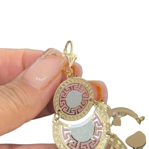 Gold Filled Womens Three Tones Greek Key Chandelier Butterfly Dangle Earrings - Picture 7 of 8